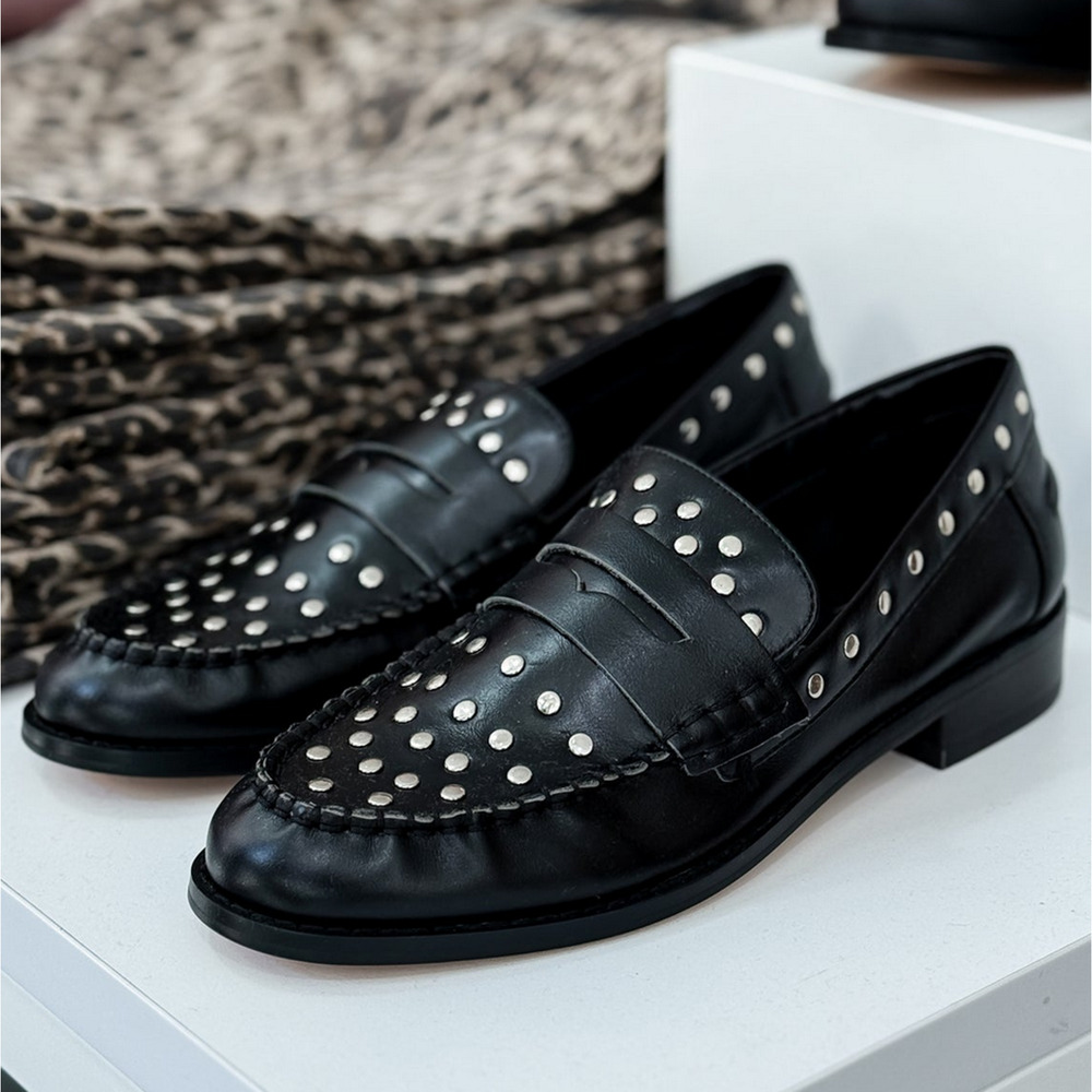 Rag & Co Leather Studded Loafers Black 9 - Picture 2 of 5